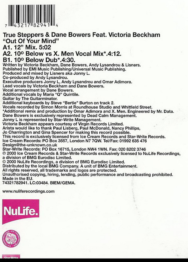 True Steppers & Dane Bowers Feat. Victoria Beckham - Out Of Your Mind (12", Single) (Very Good Plus (VG+)) - Image 4
